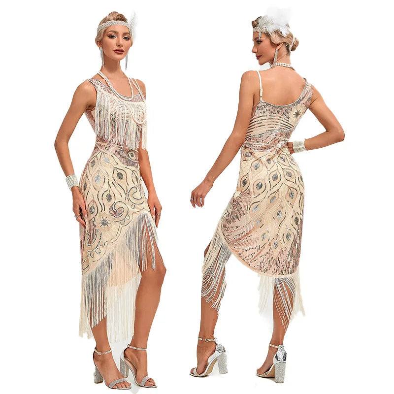 Sequin Dress 1920s Retro Tassel Peacock Pattern Dress Great Gatsby Cocktail Party Charleston Dance Dress Ball Long Evening Dress