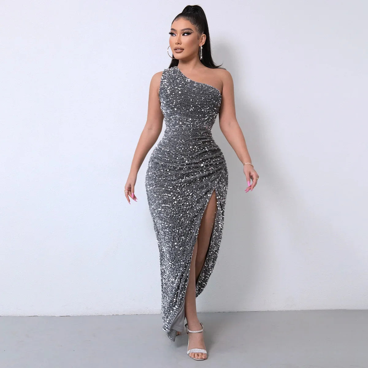 Glitter Side Slit Tightening Beads Dress Sleeveless 5 Colors Fashionable Other Style