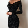 Elegance, Leisure, Sexy Long sleeved Lace Edge, One Shoulder Silver Powder Sprinkled Dress