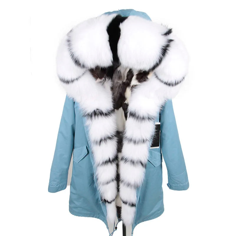 MAOMAOKONG Winter Women Real Fur Coat Fox Fur Liner Warm Jacket With Natural Fur Collar Silver Fox Big Collar Long Parkas