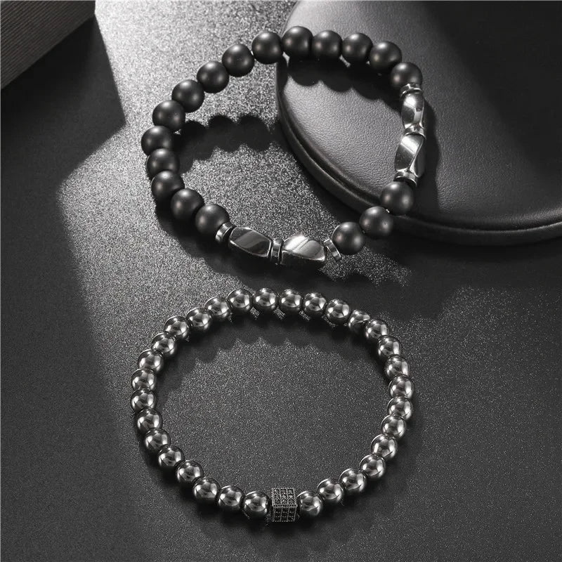 2Pcs/Set Natural Stone Bracelet For Men Luxury Zirconia Wrap Braclet Irregular Healing Hematite Braslet Father Day Gift Pulseria