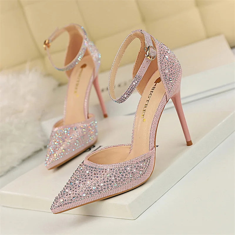 Women Shallow Mouth Pointed Toe Hollow High Heels Sandals Wedding Champagne Gold Pumps Crystal Glitter Rhinestone Sandals