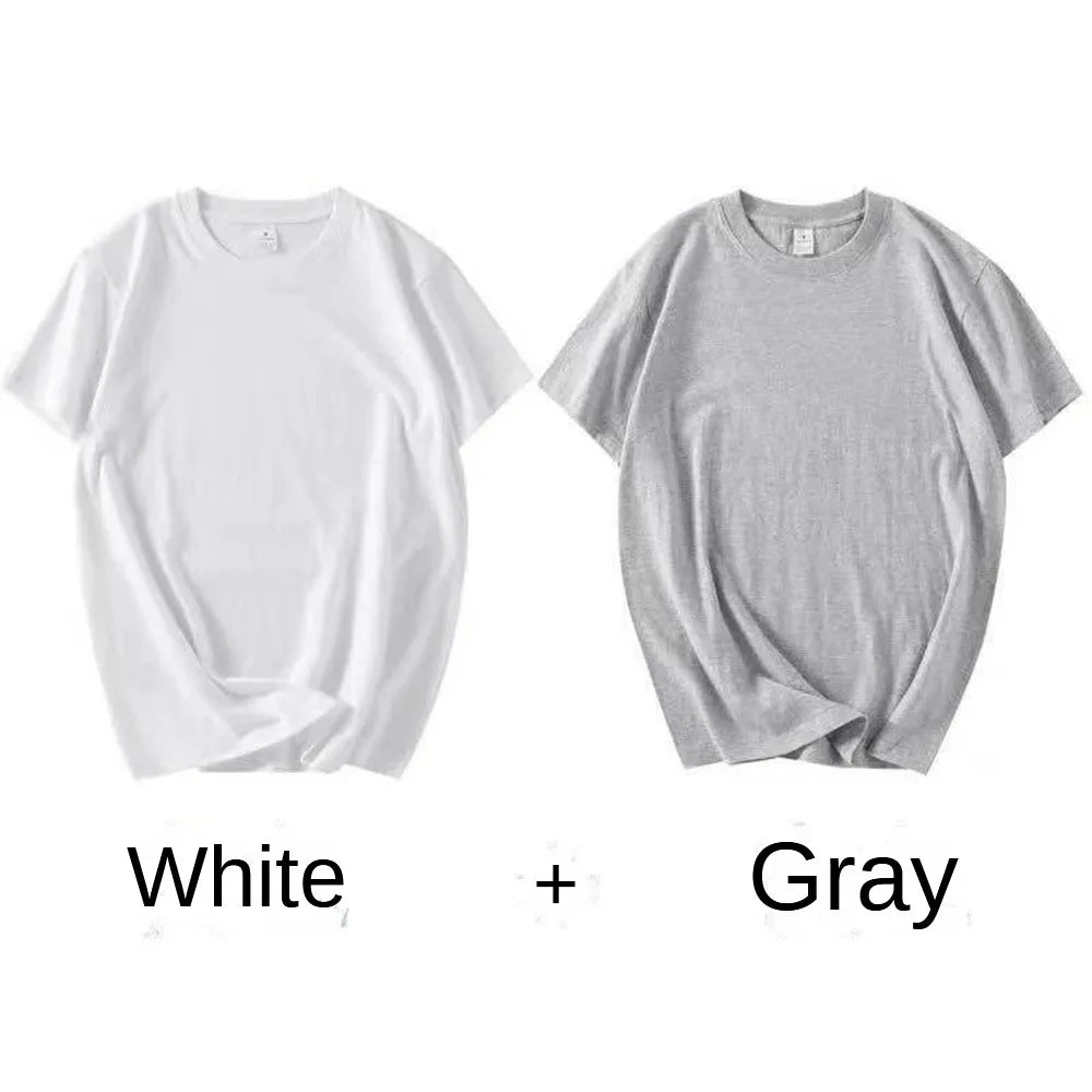 2PCS 100% Cotton Solid T Shirts Men's and Women's Short Sleeve White Tees Casual Breathable Loose Round Neck T-shirt Couple Tops