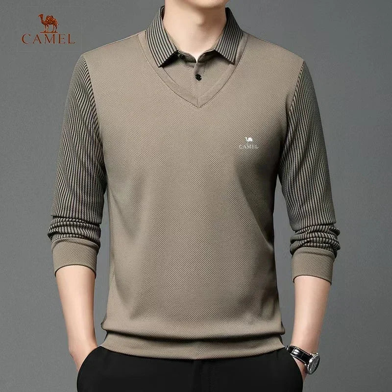 New Long Sleeve Polo Shirts Waffle Men's Long Sleeve T-shirt Spring Lapel Business Casual Polo Shirt Elastic Base Shirt Top