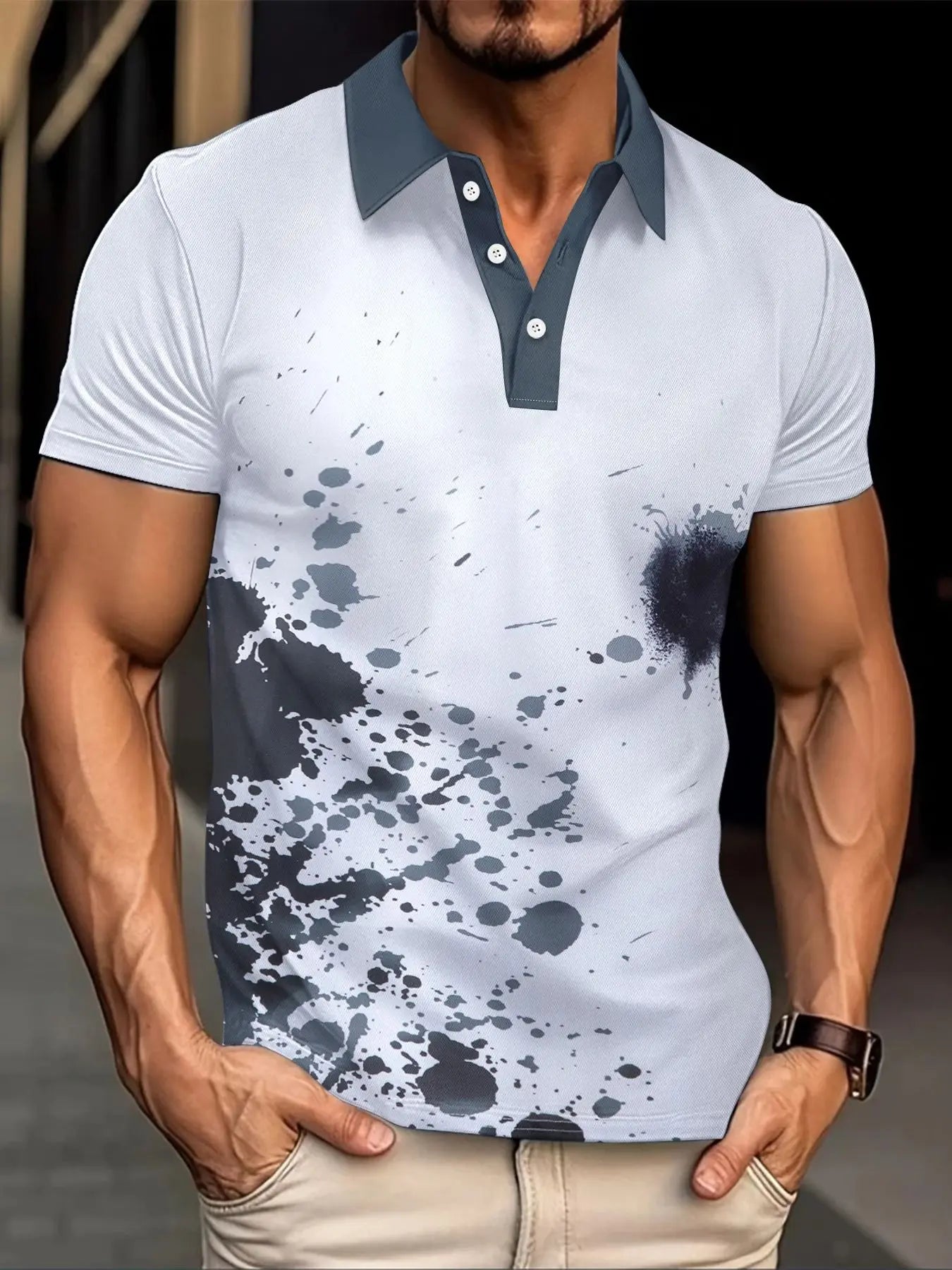 Short-sleeved Polo Shirt Painted Print Casual T-shirt Lapel button fashion Top Top men's Clothing