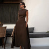 Elegant High Collar A-line Maxi Dress For Women Fashion Solid Pleated Slim Long Dresses New Lady Evening Party Prom Gowns