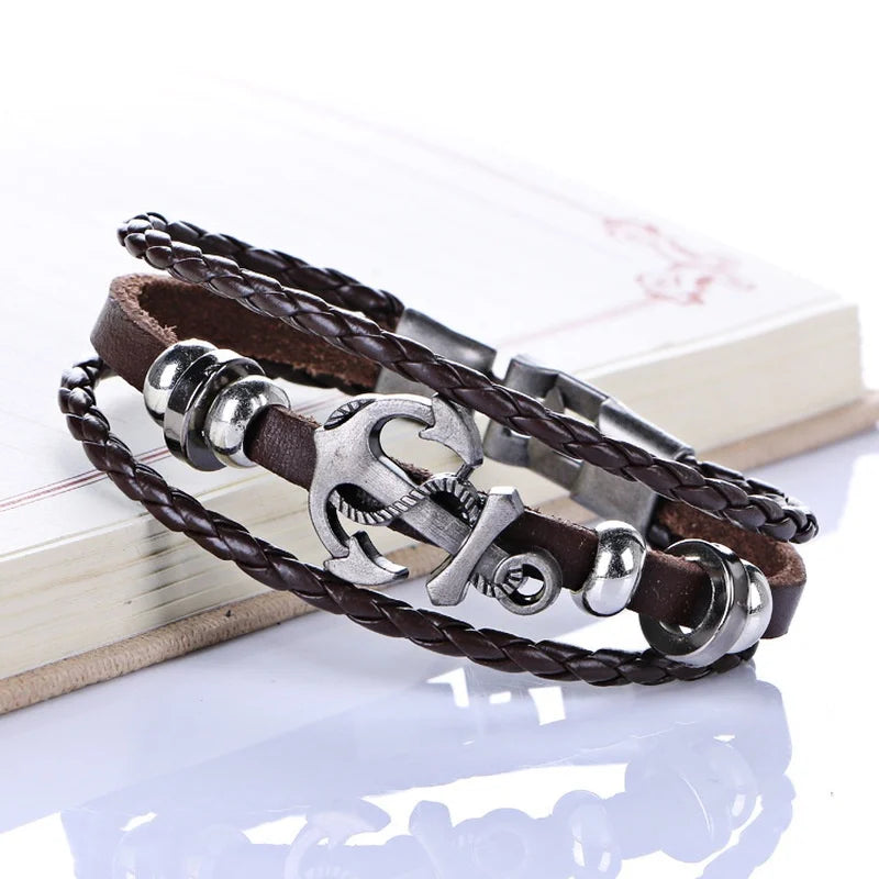 Trendy Multilayer Leather Braided Bracelets Anchor Viking Men's Bracelet Jewelry New Fashion Vintage Punk Accessorie Party Gifts