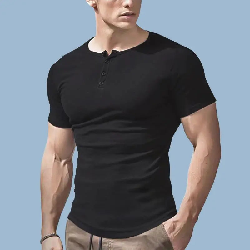 Summer New Bottoming Shirt Men's Round Neck Solid Color Short Sleeve Tops Cotton Button Motion Casual Fashion T-shirt