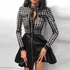 Sexy Sheath Mini Dress For Women Zipper Pockets Lace Long Sleeve Patchwork Party Dresses Elegant Stand Neck Button Slim Vestidos