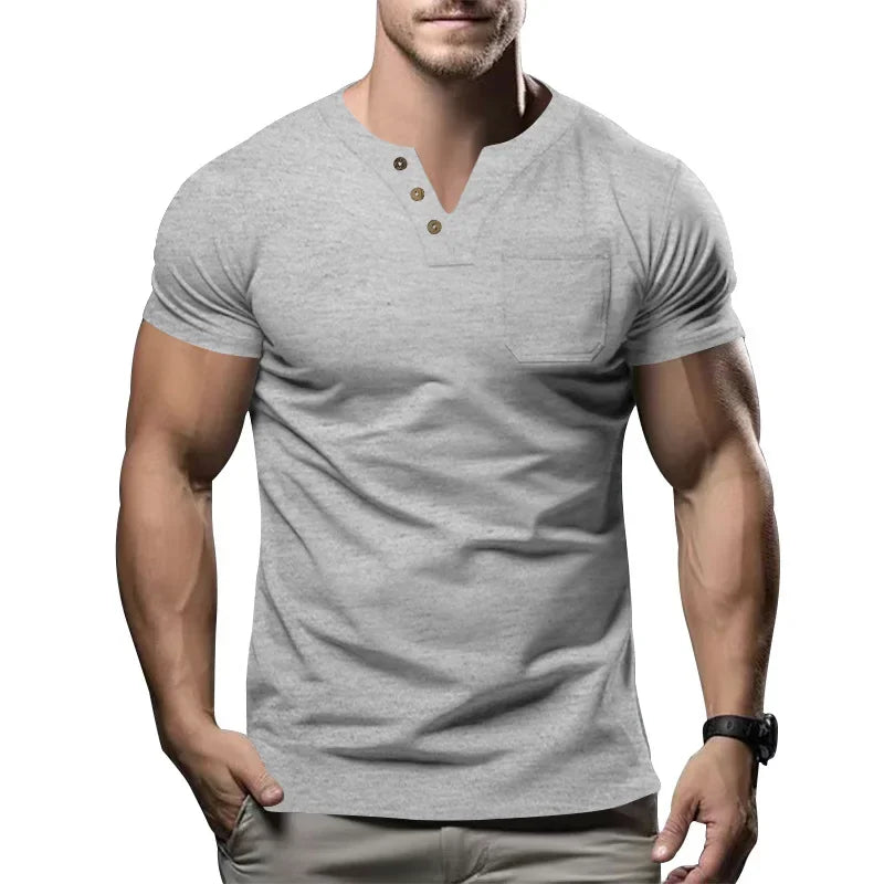 Short-sleeved V Neck T-shirts Fashion Simple Casual Pullover Tops Solid Breathable Sport Fitness Tees for Men