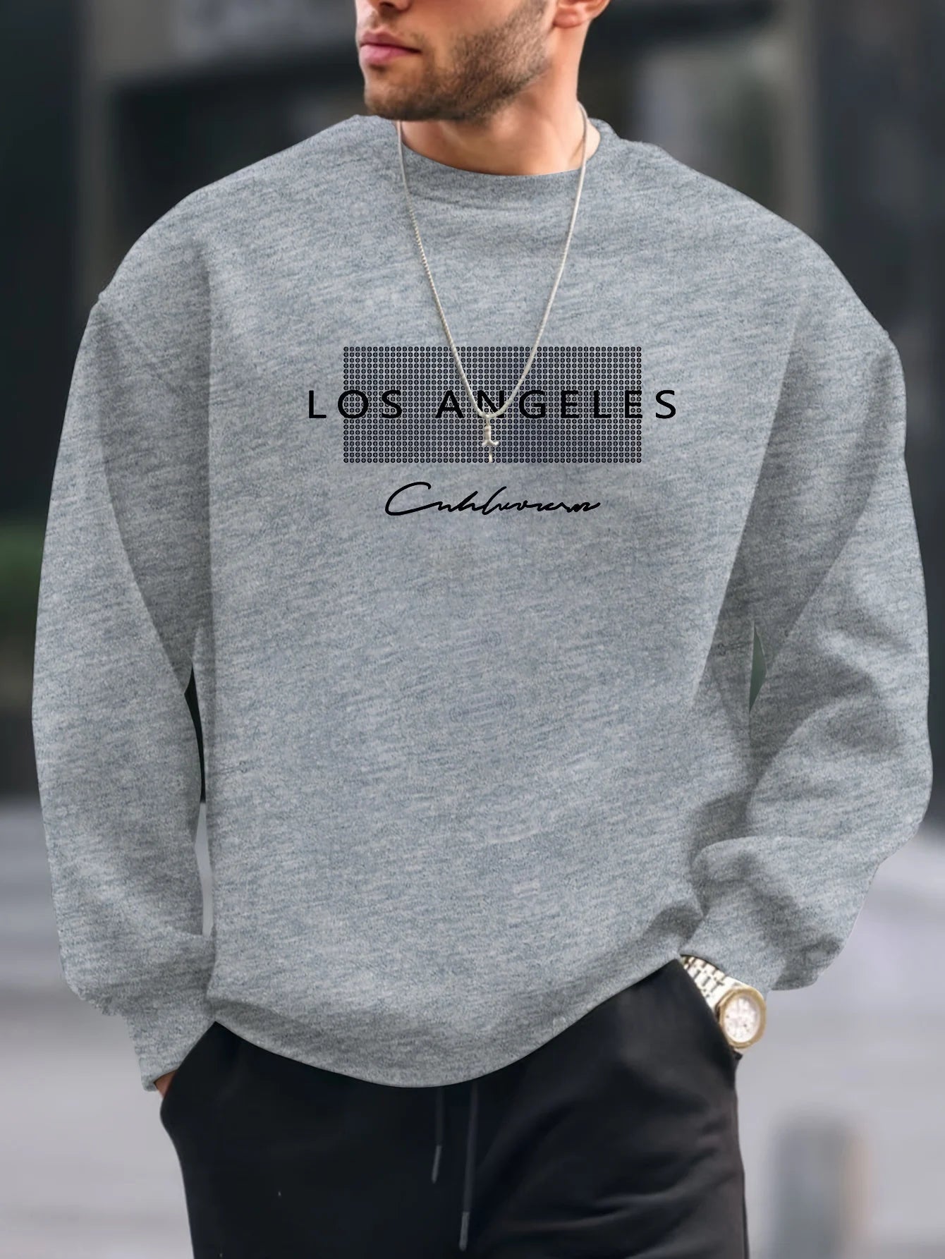 Men's autumn and winter fashionable casual loose Los Angeles letter printed fleece pullover round neck long sleeved sweatshirt