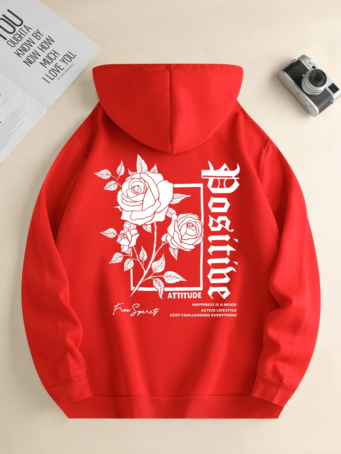 Men's new fashion hoodie, casual daily drawstring hooded sweatshirt, Rose Print, front kangaroo pocket, men's jacket