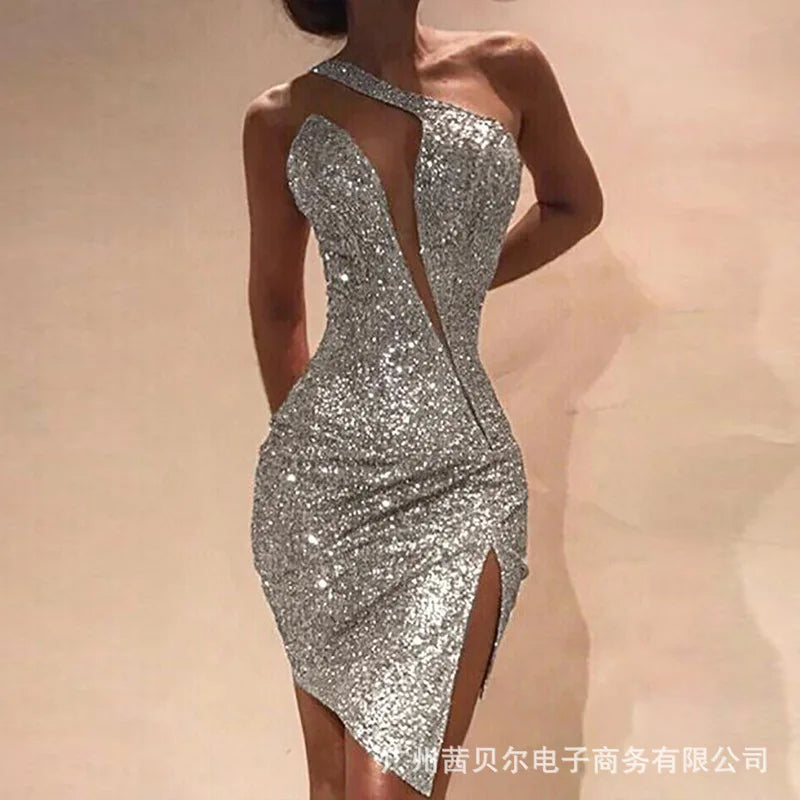 Fashion Sexy Womens Dresses New One Shoulder Split Dress Womens Sleeveless Dress