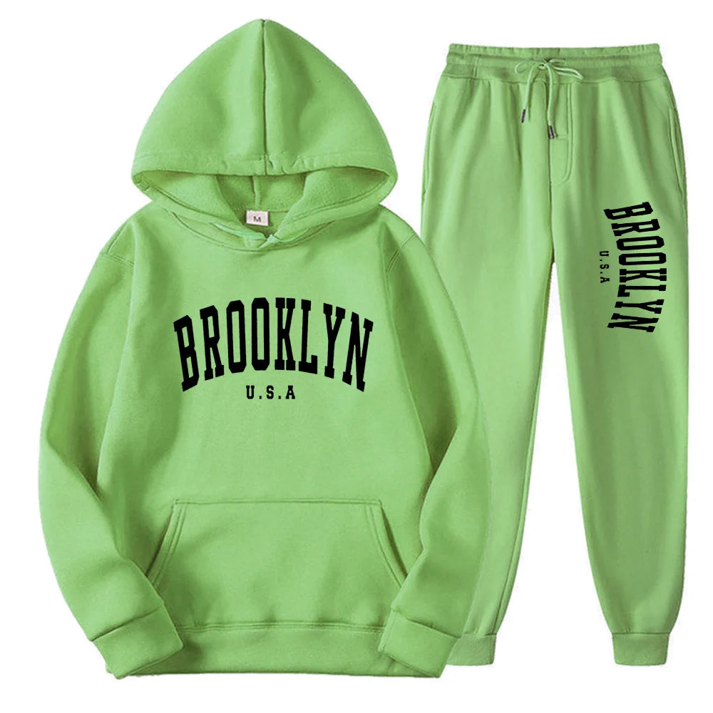 BROOKLYN USA Autumn Winter Popular Mens Tracksuit Zipper Hooded Sweatshirt Suit Casual Warm Jacket Coat+Jogging Sweatpants