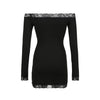 Solid Slim Lace Trim Off Shoulder Long Sleeve Black Short Dress Women Elegant Sexy Party Dresses