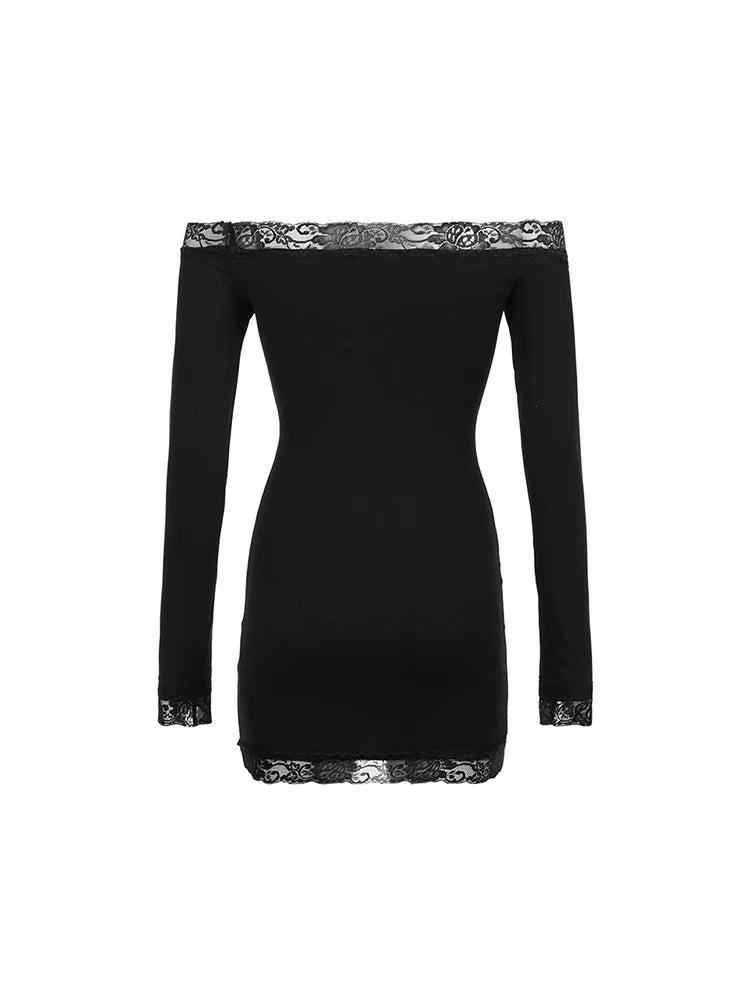 Solid Slim Lace Trim Off Shoulder Long Sleeve Black Short Dress Women Elegant Sexy Party Dresses