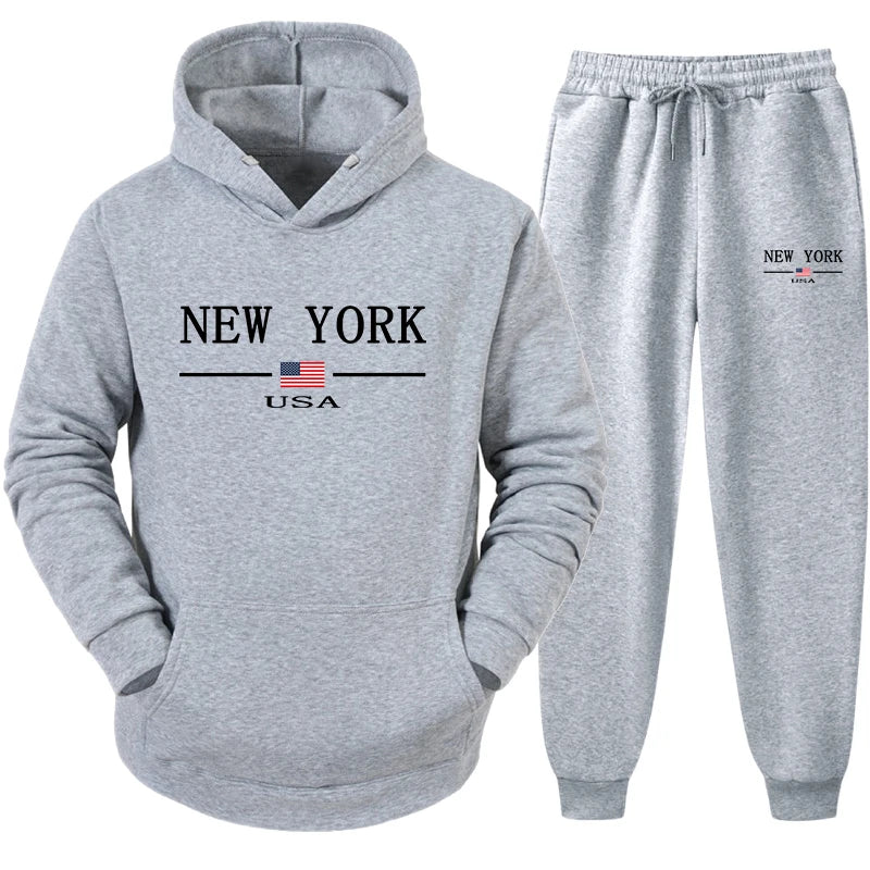 New Trend Mens Hooded Sweatshirts and Jogger Pants New York Printed Male Sportwear Classic Male Daily Casual Hoodies 2pcs Set