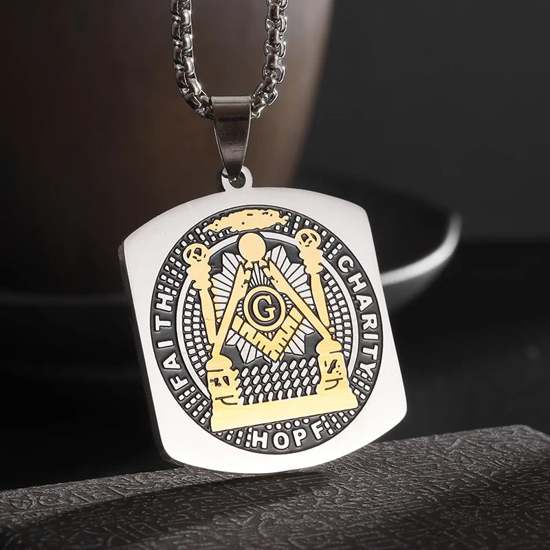 Men\\'s Classic Punk Gold Plated Freemason Round Medal Pendant Necklace Hip hop Style Rock Party Jewelry