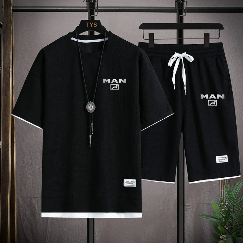 Mens Tracksuit T-shirt and Shorts Two Piece Set Truck Man Car Logo Men Sports Suit Fashion Breathable Sets