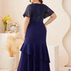 Plus Size V Neck Blue Banquet Prom Short Sleeve Evening Dress 4XL 5XL Big Size Banquet Bridesmaid Shiny Prom Gown