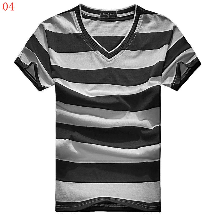 Male V-neck Tees Tops Men's Short Sleeve Tshirt Man Cotton Striped T Shirts Mens Clothing Multi Size