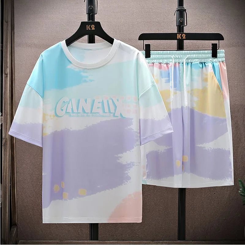 Summer New Fashion Printed Ice Silk Plus-Size Men's Casual Relaxed Comfortable Breathable High-Quality Two-Piece Set M-4XL