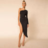 Autumn Winter Single Shoulder Long Sleeved Dress Sexy Hollowed Out Forking Party Evening Womens Dresses