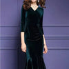 Dark Green Autumn Women's Solid V-neck Gold Velvet Three Quarter Sleeved Fishtail Skirt Spring Elegant and Stylish Dress