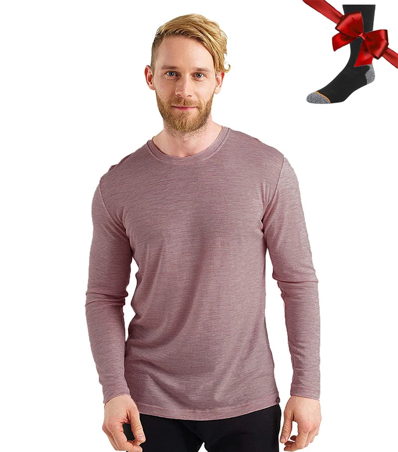 100% Merino Wool Base Layer Men Merino Wool Long Sleeve 240G Midweight Thermal Underwear Wicking Breathable Top + Hiking Socks