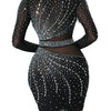 Sheer Mesh Rhinestone O-Neck Long Sleeve Skinny Party Dress