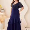 Plus Size V Neck Blue Banquet Prom Short Sleeve Evening Dress 4XL 5XL Big Size Banquet Bridesmaid Shiny Prom Gown