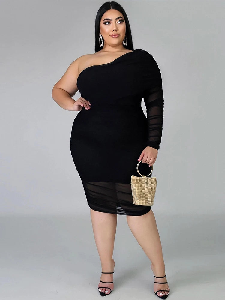 Woman Even Dress Chic and Elegant Plus Size Dresses Mesh One Shoulder Long-sleeve Sexy Short Dress Wholesale Bulk Dropshipping