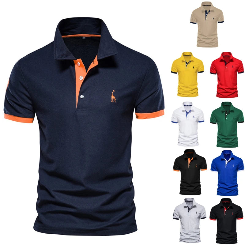 New Solid Color Summer Short-sleeved Men's Polo Shirt Casual Deer Embroidered Top Outdoor Slim Thin T-shirt