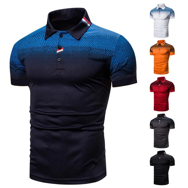 Casual T-Shirt 3D Digital Print Gradient Color Lapel Men Polo Tees Shirt Short-Sleeved Man Polo Shirts