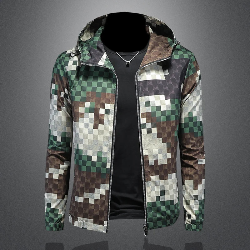 Minglu Plaid Camouflage Printed Men's Jackets High Quality Hooded Long Sleeve Sport Casual Spring Autumn Male Outerwear 5XL