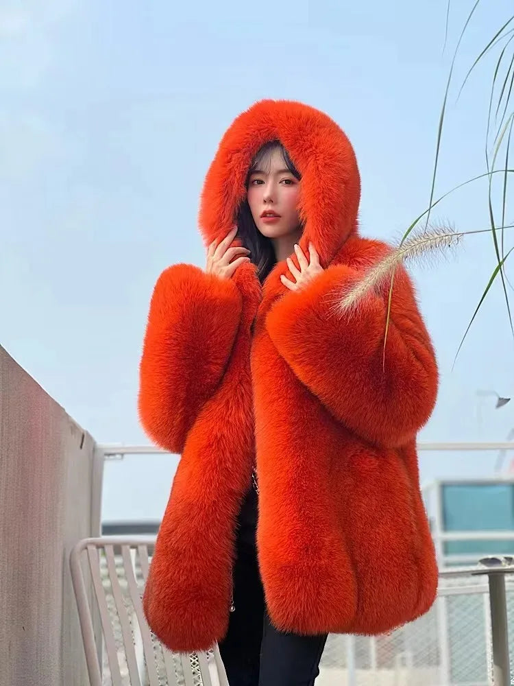 Hot selling Fashion Winter New Real Fox Fur Coat Women Hooded Natural Silver Red Fox Fur Jacket Female Thick Warm Outerwear