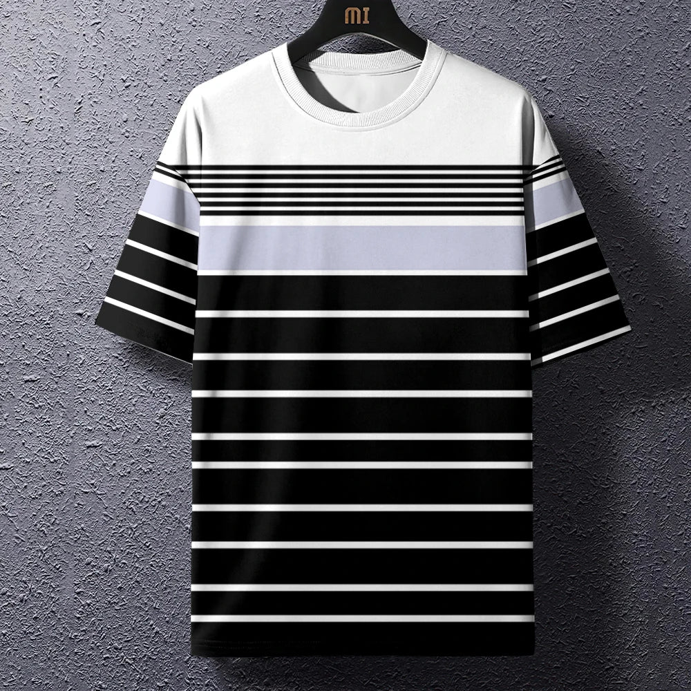 Summer Men's T-Shirt Stripe Print Crew Neck Pullover Business Casual Short Sleeve Tops Middle-Aged And Elderly Oversized Clothes