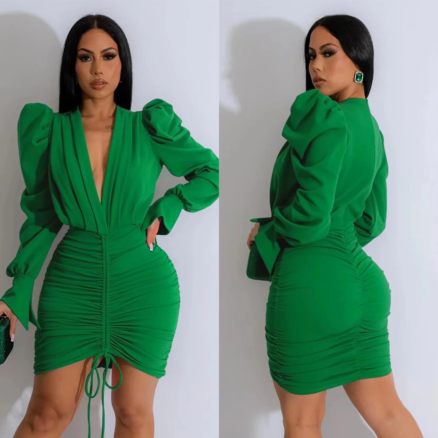 Puff Sleeve V Neck Pleated Mini Dress Lady Sexy Party Bodycon Evening Dresses Women Elegant Luxury Birthday Club Dresses