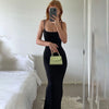 Sexy Spaghetti Strap Black Long Dress Y2k Sleeveless Solid Skinny Bodycon Trumpet Maxi Vestidos