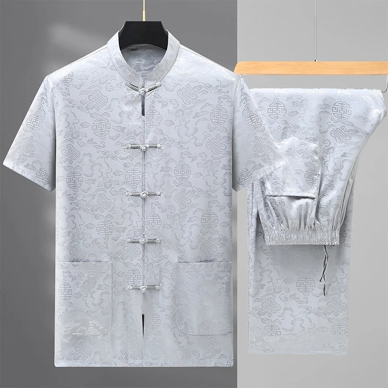 Summer New Fashion Printed Cotton Short Sleeve Suit Men's Casual Relaxed Comfortable Breathable Silk Two-Piece Set M-4XL