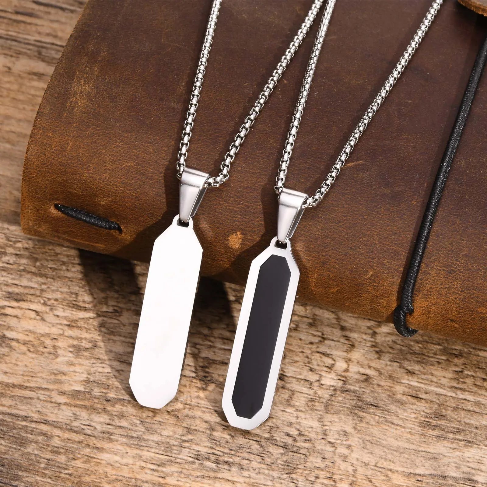 Stylish Mens Geometric Square Necklaces,Black Enamel Rectangle Pendant with Rope Box Chain Collar,Trendy Jewelry Gifts