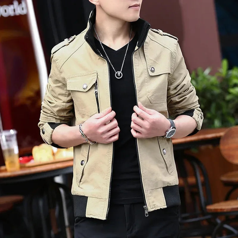 Thin Men's Jacket Korean Style Fashion Stand Collar Spring Autumn Cargo Jacket Coat