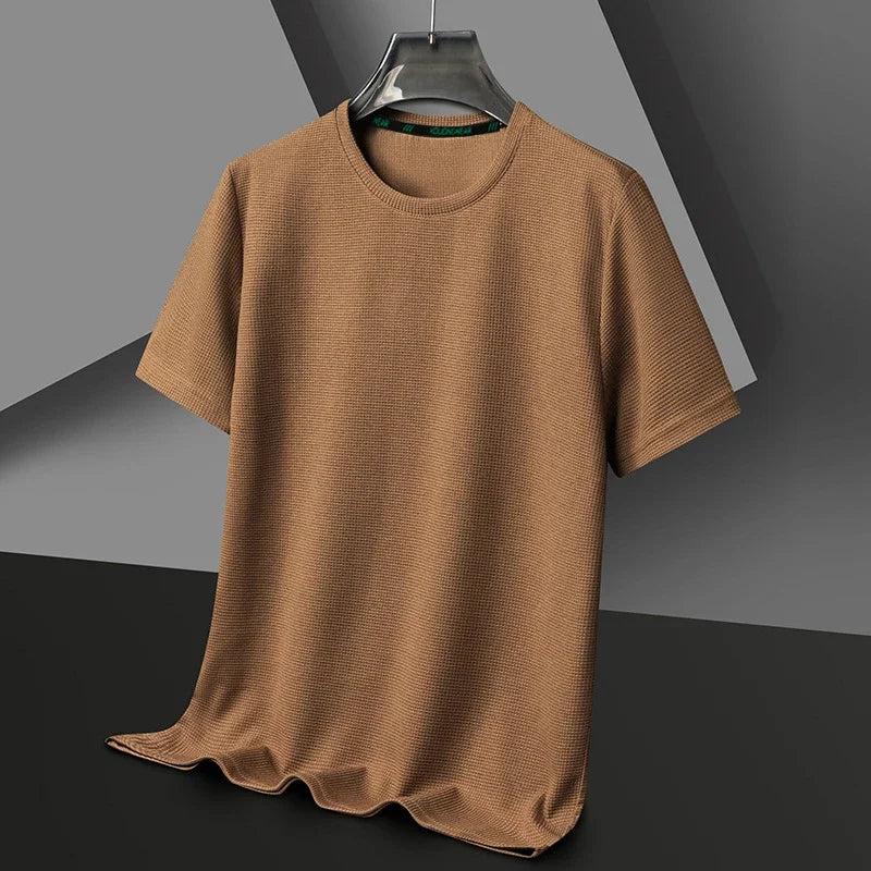 Summer O Neck Short Sleeve t-Shirts For Men Casual Waffle t-Shirt Mens Breathable Soild Tops Fashion t Shirt Tee Man Clothing