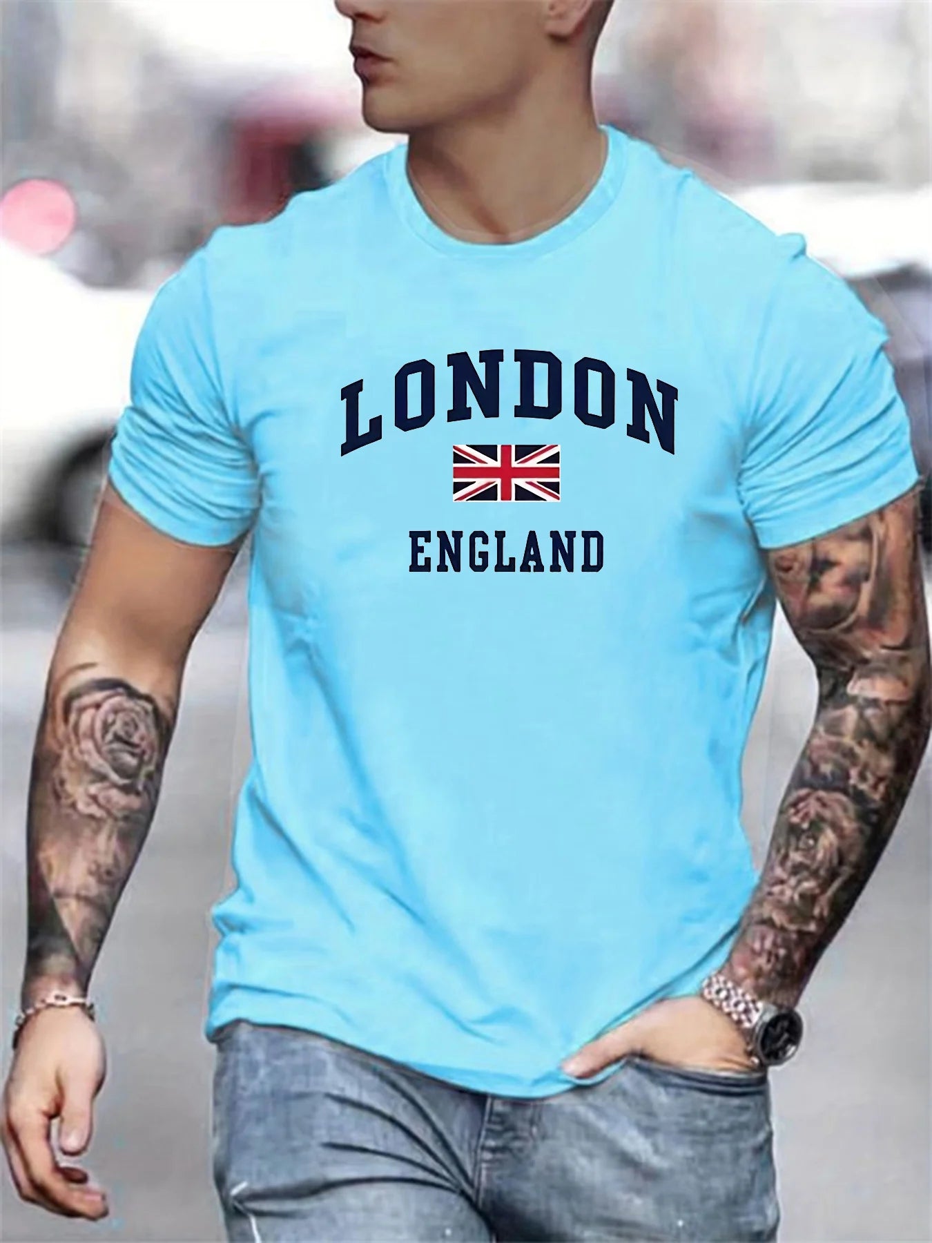 Summer men's 100% pure cotton casual loose fit plus size London England pattern printed round neck short sleeved T-shirt top