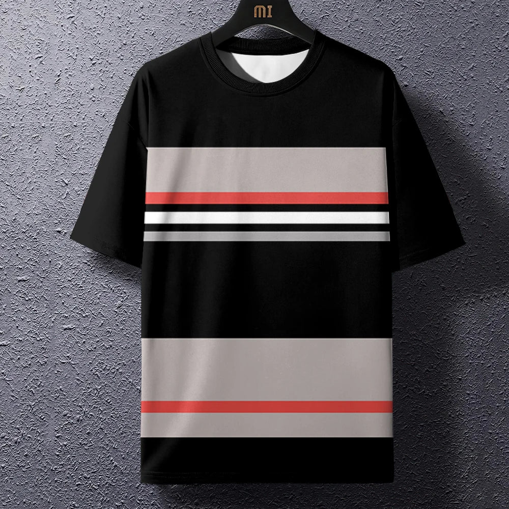 Summer Men's T-Shirt Stripe Print Crew Neck Pullover Business Casual Short Sleeve Tops Middle-Aged And Elderly Oversized Clothes