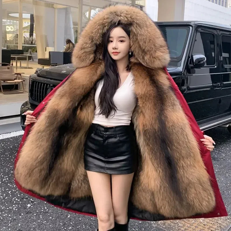 Winter Warm Coat Fox Fur Jacket 2023 New Hooded Black Imitation Fur Woman Parkas Mulher Parkas Women's Jacket Red Fur Coats