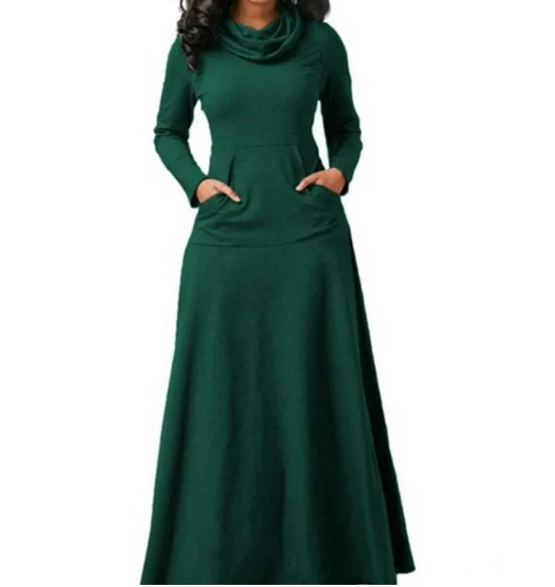 Plus Size 3XL Elegant Long Maxi Dresses Spring Winter Warm High Collar Women Long-sleeved Dress Woman Clothing With Pocket