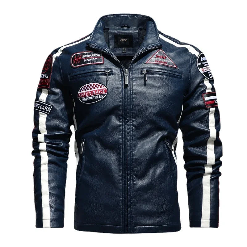 Autumn Winter Fleece Men's Motorcycle Leather Jacket Embroidery Racing Coat Windbreaker Outwear Faux Leather Biker Jacket