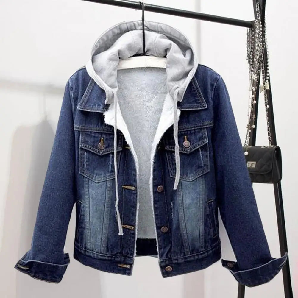 Autumn Winter Women's Plush Warm Denim Jacket Coat Cotton Fashion Short Blue Jean Coat Ladies Hoodies Outerwear