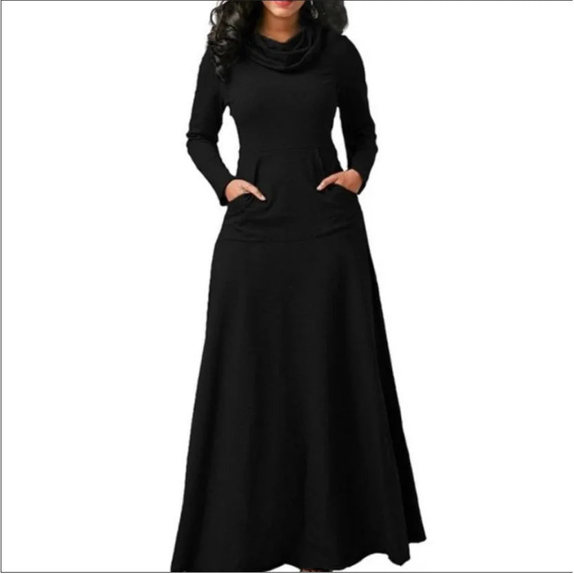 Plus Size 3XL Elegant Long Maxi Dresses Spring Winter Warm High Collar Women Long-sleeved Dress Woman Clothing With Pocket